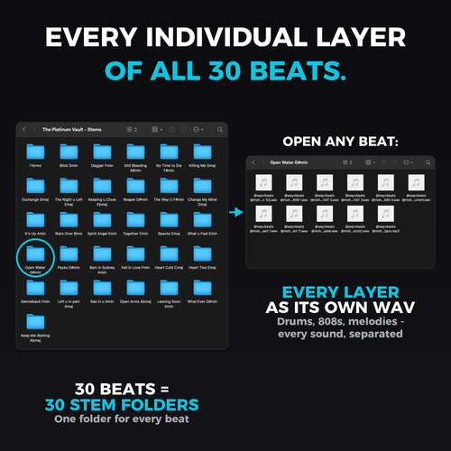 Every individual layer of all 30 beats - 30 stem folders, every layer as its own WAV